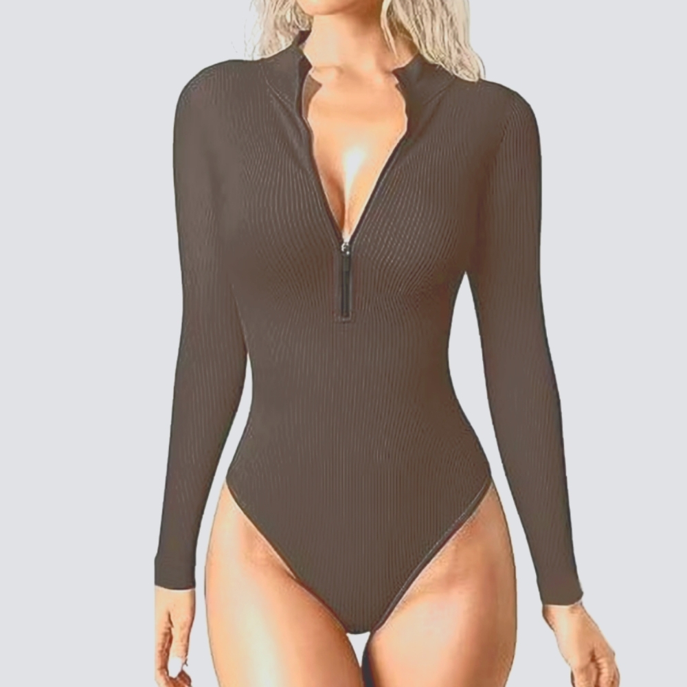 New Brown Zip Up Long Sleeve Bodysuit Ribbed Size M